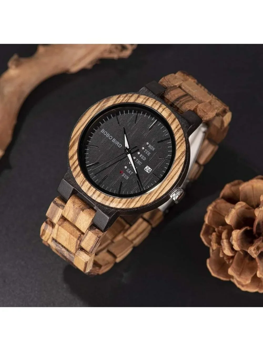 Mens Brown Black Multi-Functional Quartz Lightweight Handmade Wrist Wooden Watch
